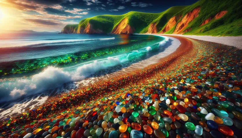 Galets de verre colorés sur la plage de la Baie d'Ussuri