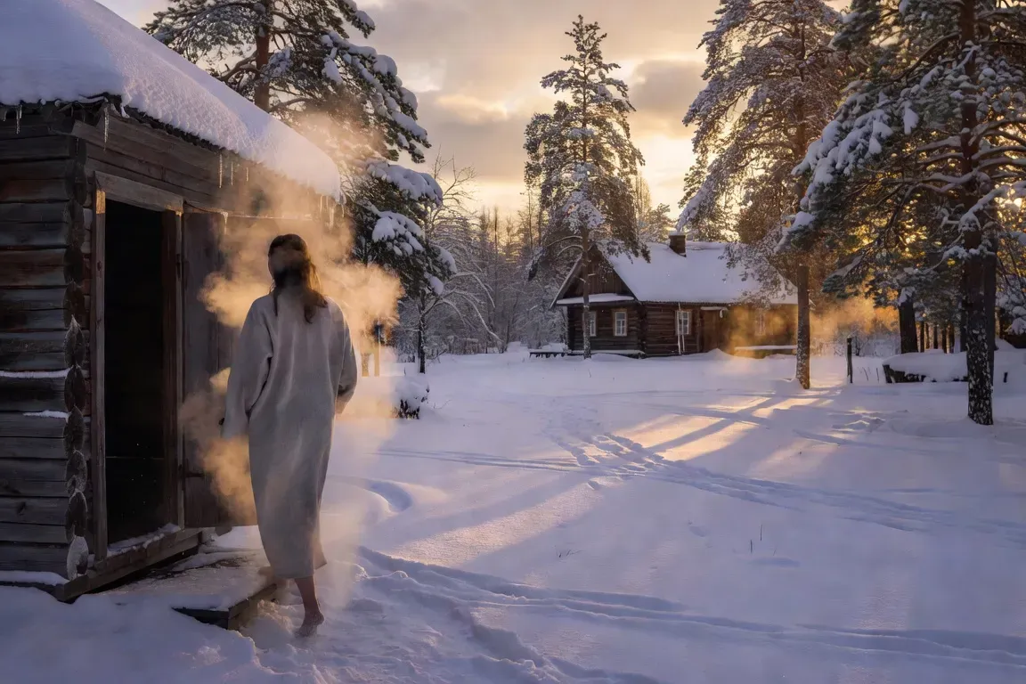 Femme plongeant dans l'eau glacée après la banya en hiver, paysage enneigé, isba russe en arrière-plan