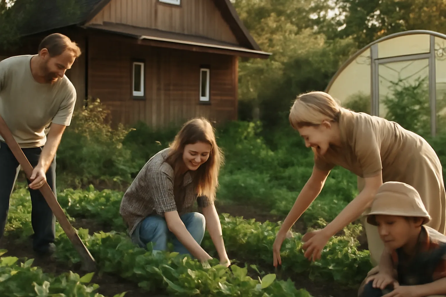 Maison en bois de datcha russe traditionnelle entourée d'un jardin potager, style izba