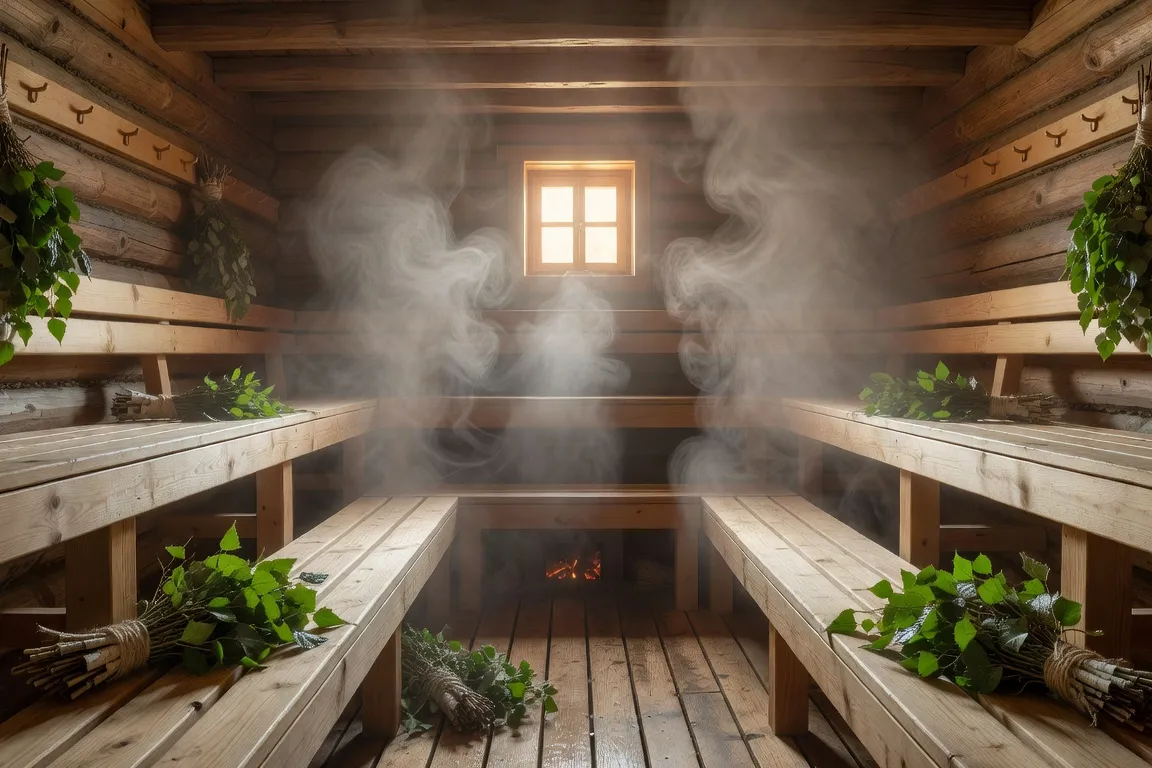 Intérieur d'un banya traditionnel russe, bancs en bois, vapeur, branches de bouleau venik
