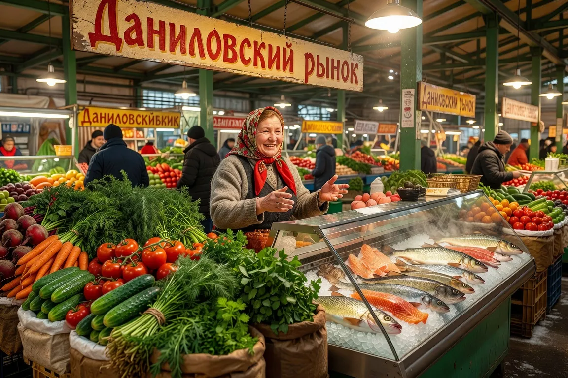 Marché couvert Danilovsky de Moscou, étals colorés de légumes frais et poissons