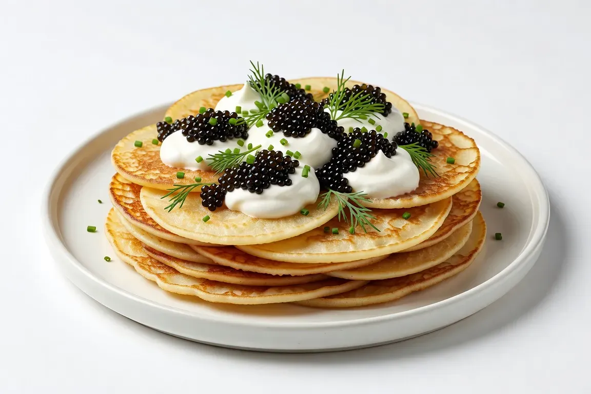 Assiette de blinis russes dorés avec caviar noir et crème aigre