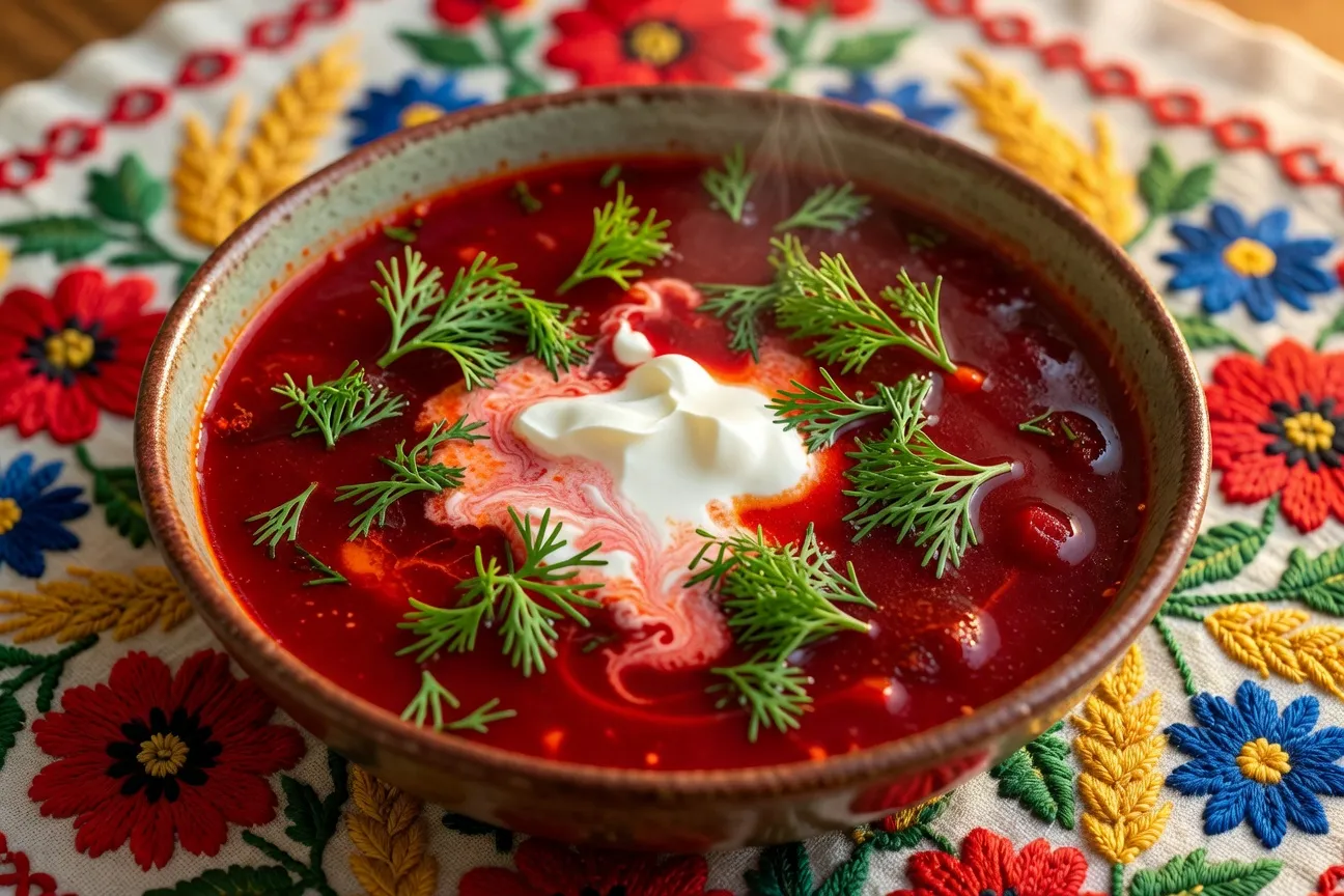 Bol de bortch rouge avec crème fraîche et aneth, nappe brodée russe