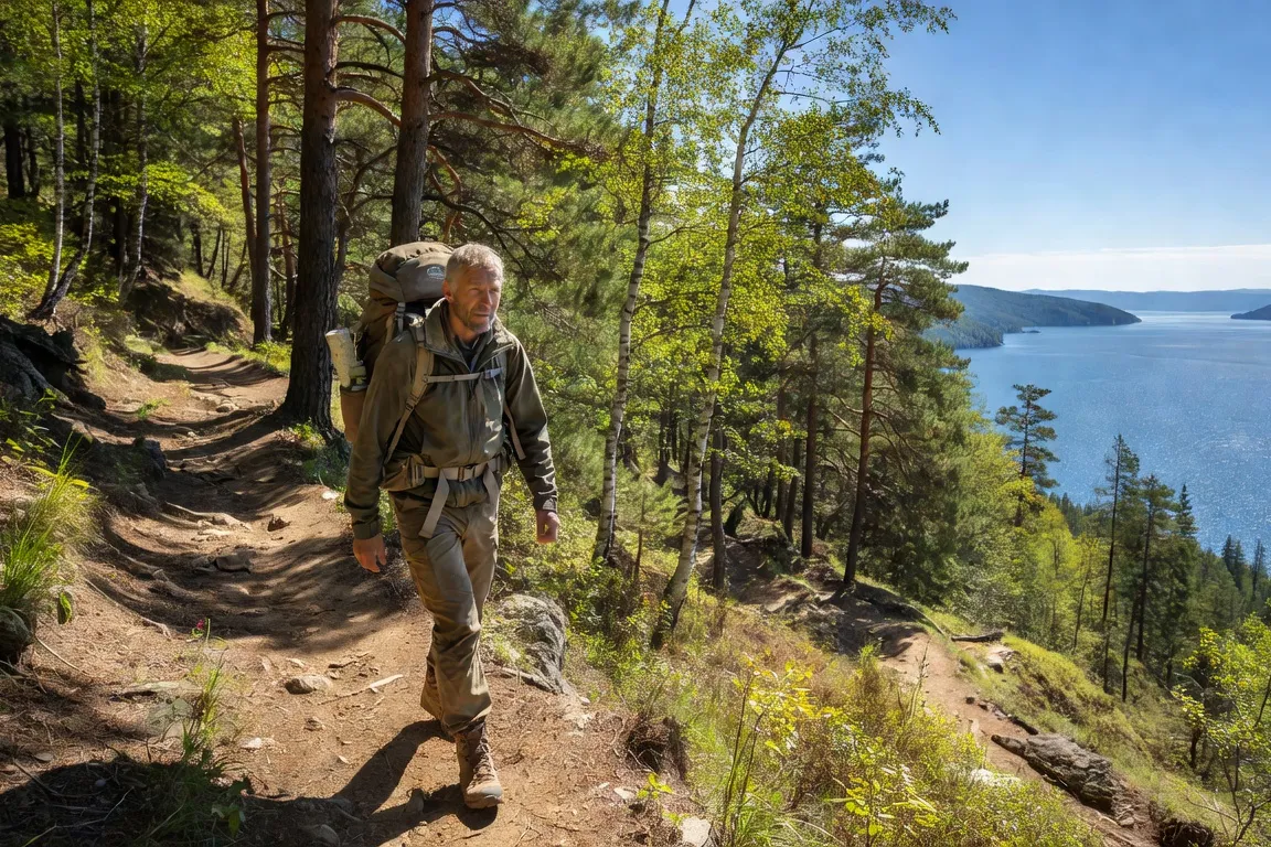 Randonneur sur le Grand Sentier du Baïkal, forêt de taïga, lac visible en contrebas