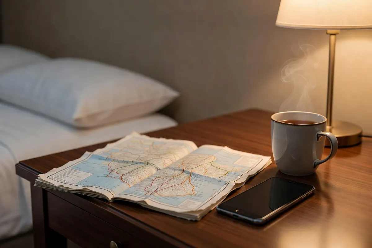 Smartphone et carte sur un bureau d'hotel pour preparer sa connexion