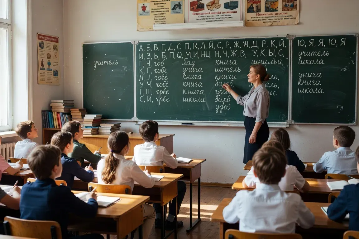 Salle de cours de russe avec alphabet cyrillique au tableau