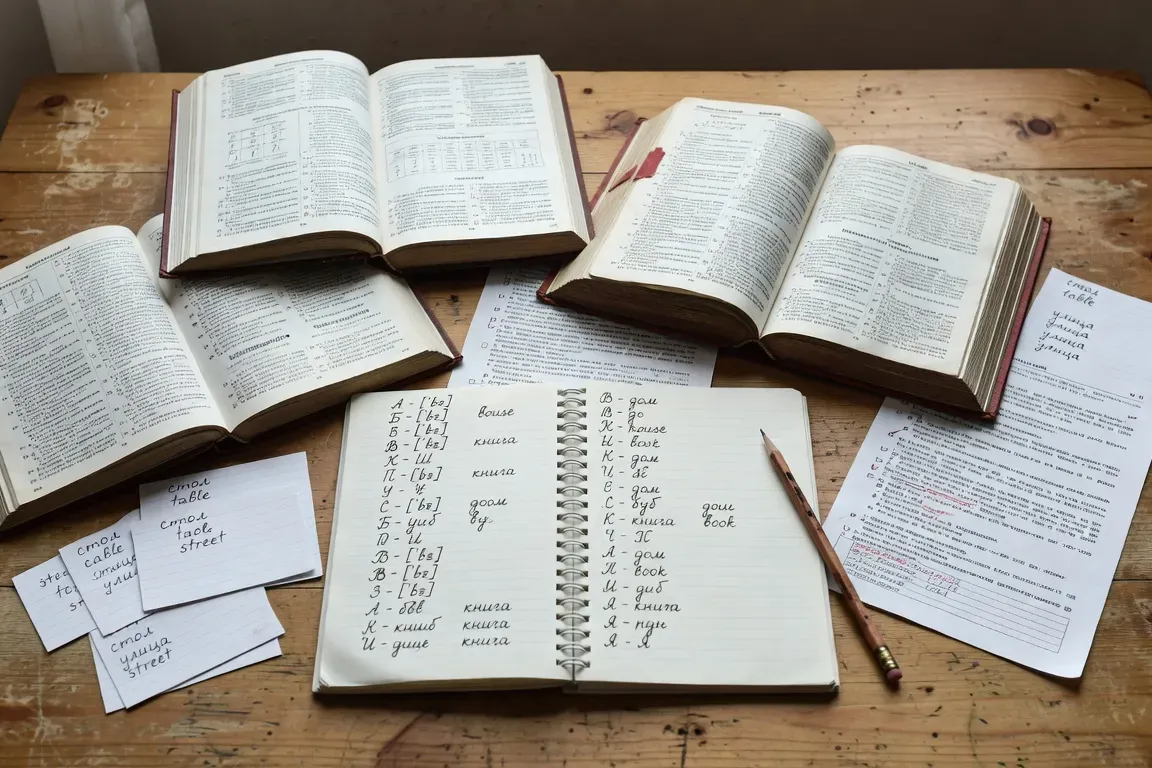 Dictionnaires et manuels russes, cahier avec alphabet cyrillique manuscrit