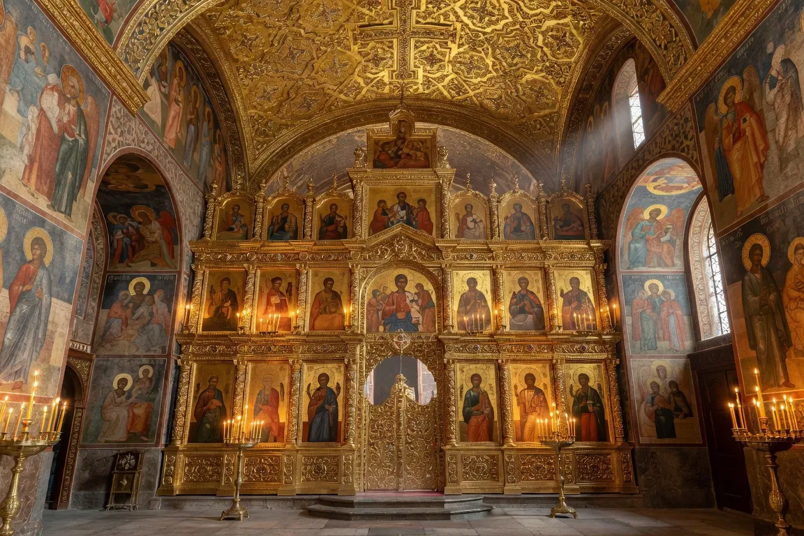 Intérieur d'une cathédrale du Kremlin de Moscou, iconostase dorée, fresques byzantines, lustres