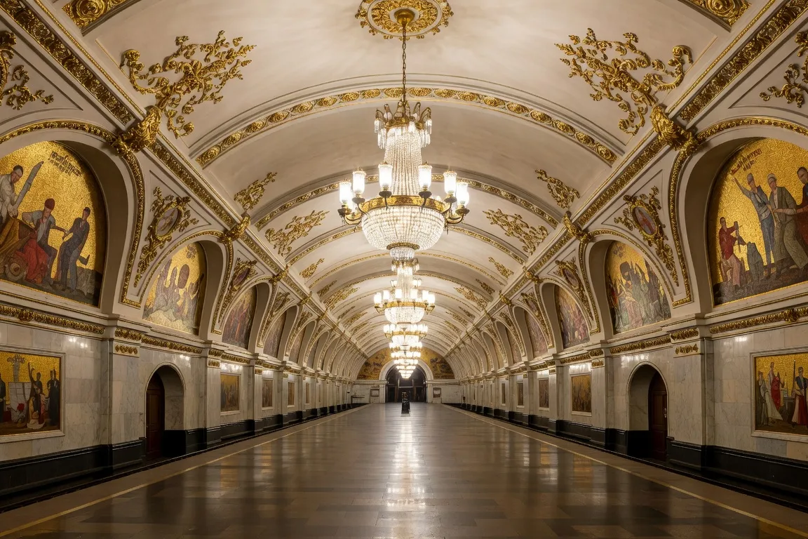 Station de métro Komsomolskaïa à Moscou, plafond baroque doré avec mosaïques, quai en perspective