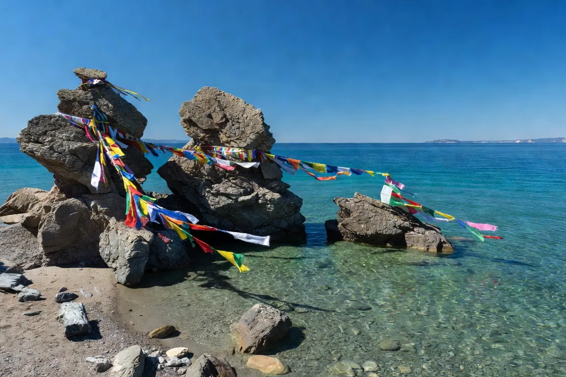 Île Olkhon au lac Baïkal, rochers chamaniques avec rubans colorés, eau turquoise