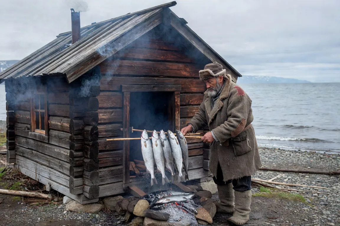 Cabane traditionnelle de fumage du poisson sur la rive du lac Baïkal, pêcheur sibérien