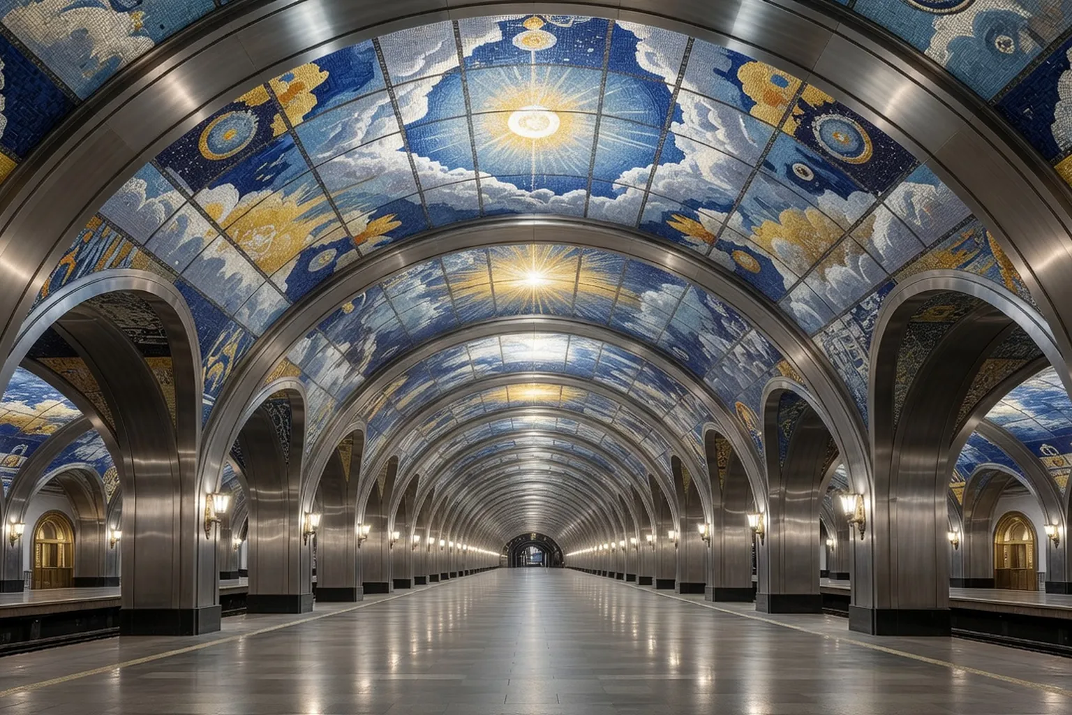 Plafond richement décoré d'une station du métro de Moscou, mosaïques et lustres dorés