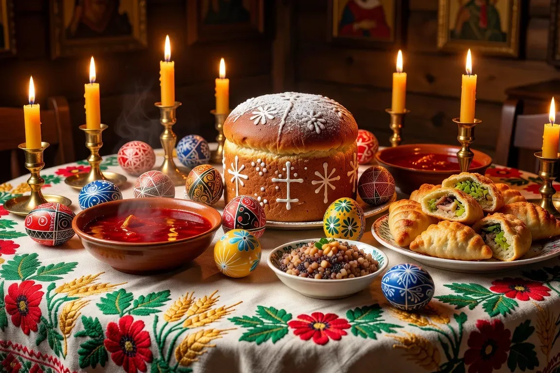 Table de Noël orthodoxe russe avec koulitch et œufs peints