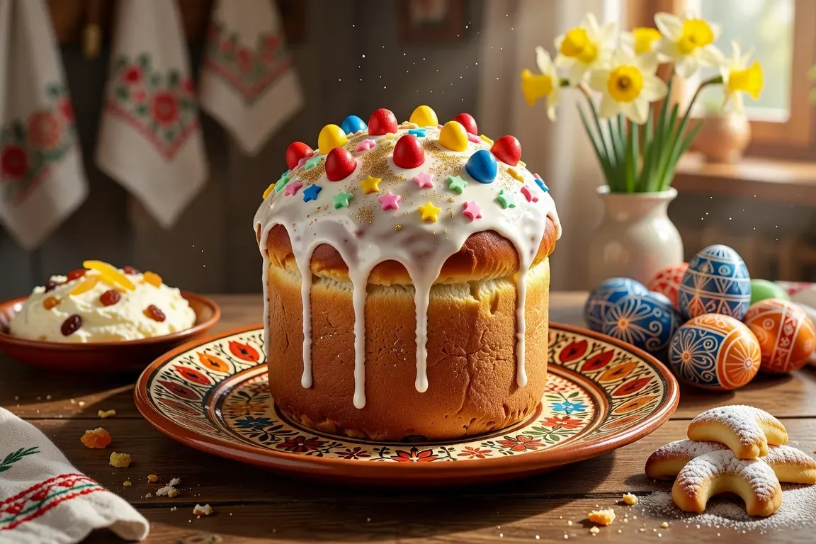 Koulitch de Pâques orthodoxe avec glaçage blanc et décorations colorées