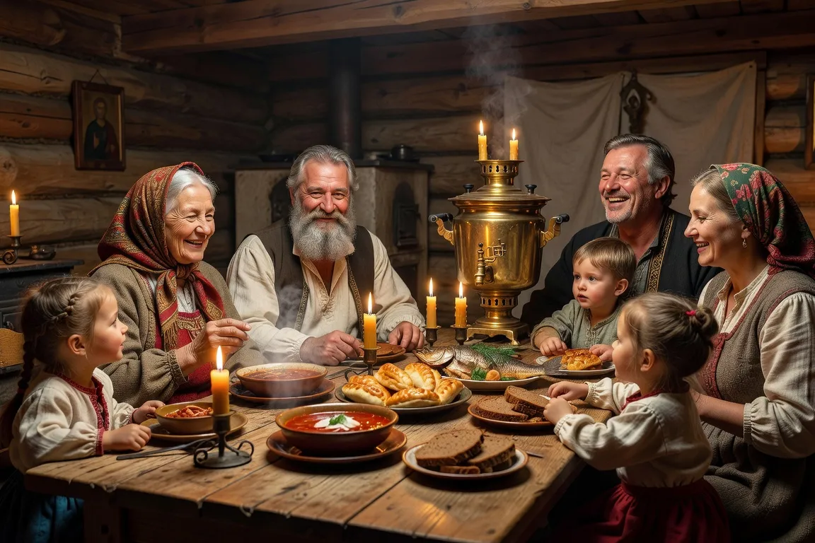 Famille russe multigénérationnelle rassemblée autour d'une table, samovar en arrière-plan