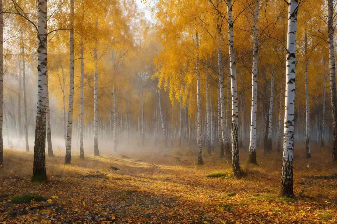 Forêt de bouleaux russes en automne, feuilles dorées, brume matinale