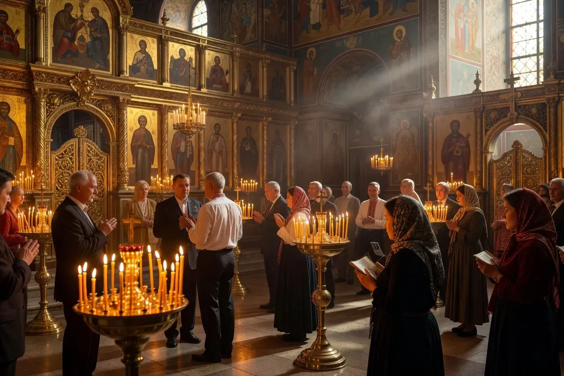 Intérieur d'une église orthodoxe russe, bougies et icônes dorées