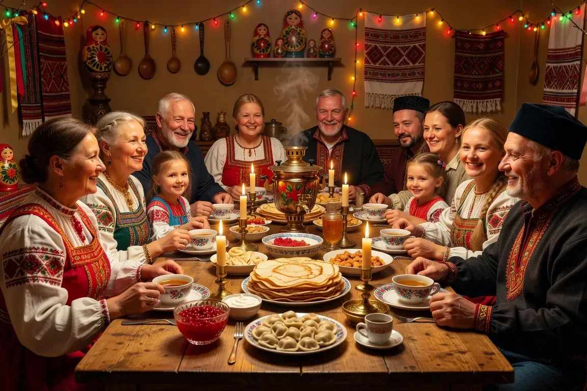 Famille russe autour d'une table festive, décoration traditionnelle